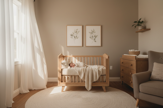 new baby in a cot in a neutral tone nursery