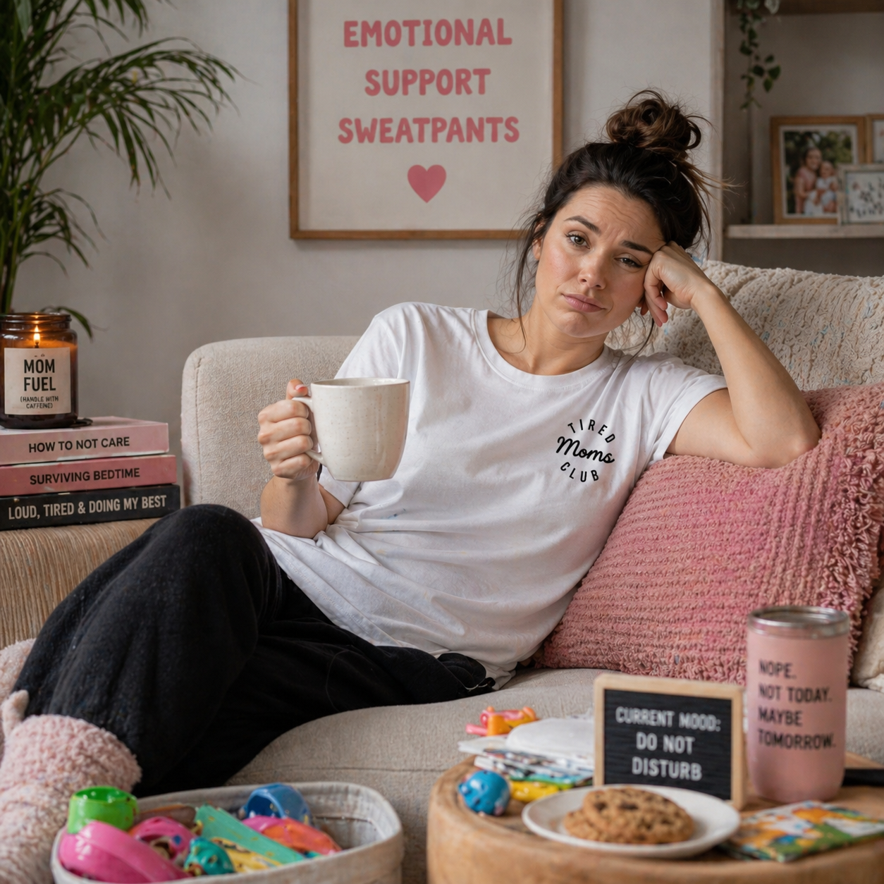 Fed up and tired mum wearing tired mums club tshirt 