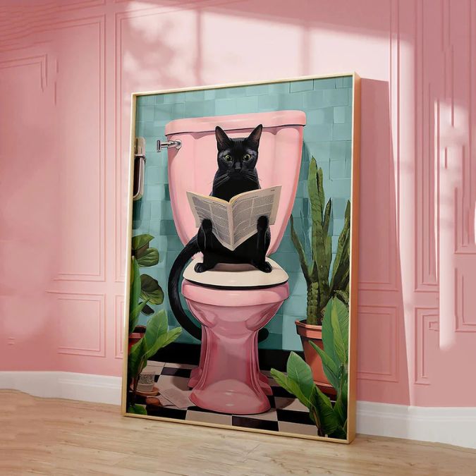 cat sat on toilet art