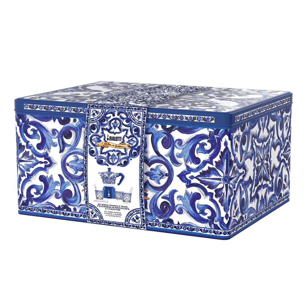 Decorative box with blue and white pattern on a white background