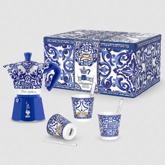 Blue and white ceramic set with decorative patterns on a white background