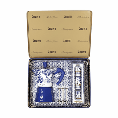 Dialletti coffee maker set with blue accents in a branded box on a white background