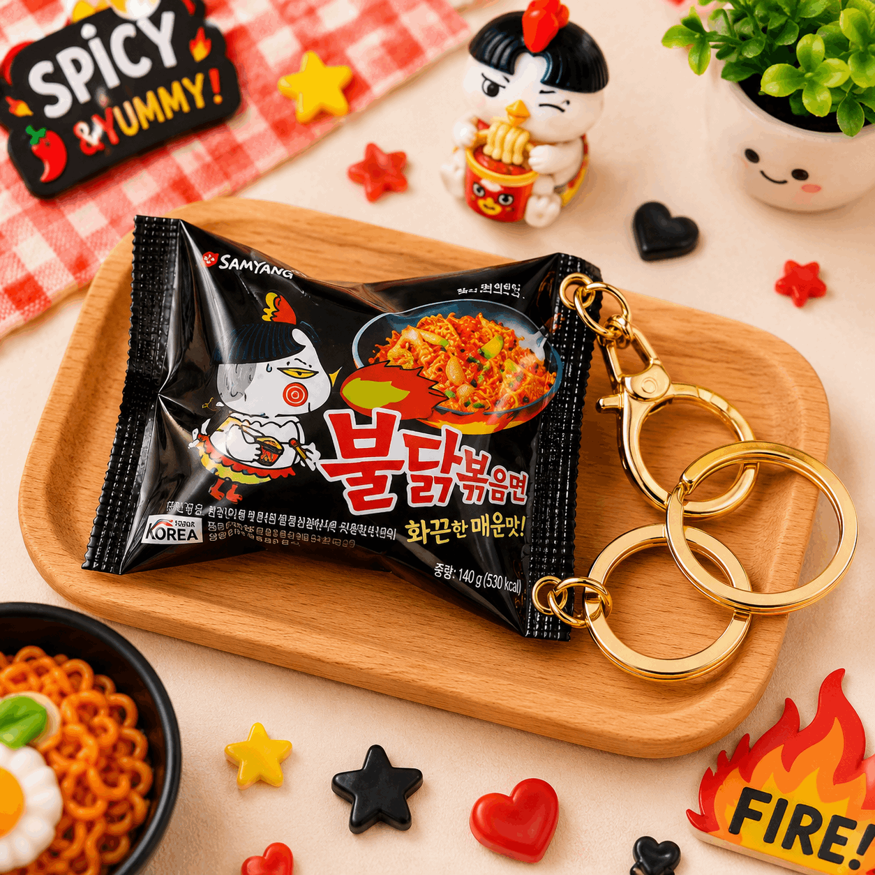 Samyang spicy noodles package with keychain on a wooden tray, surrounded by decorative items.