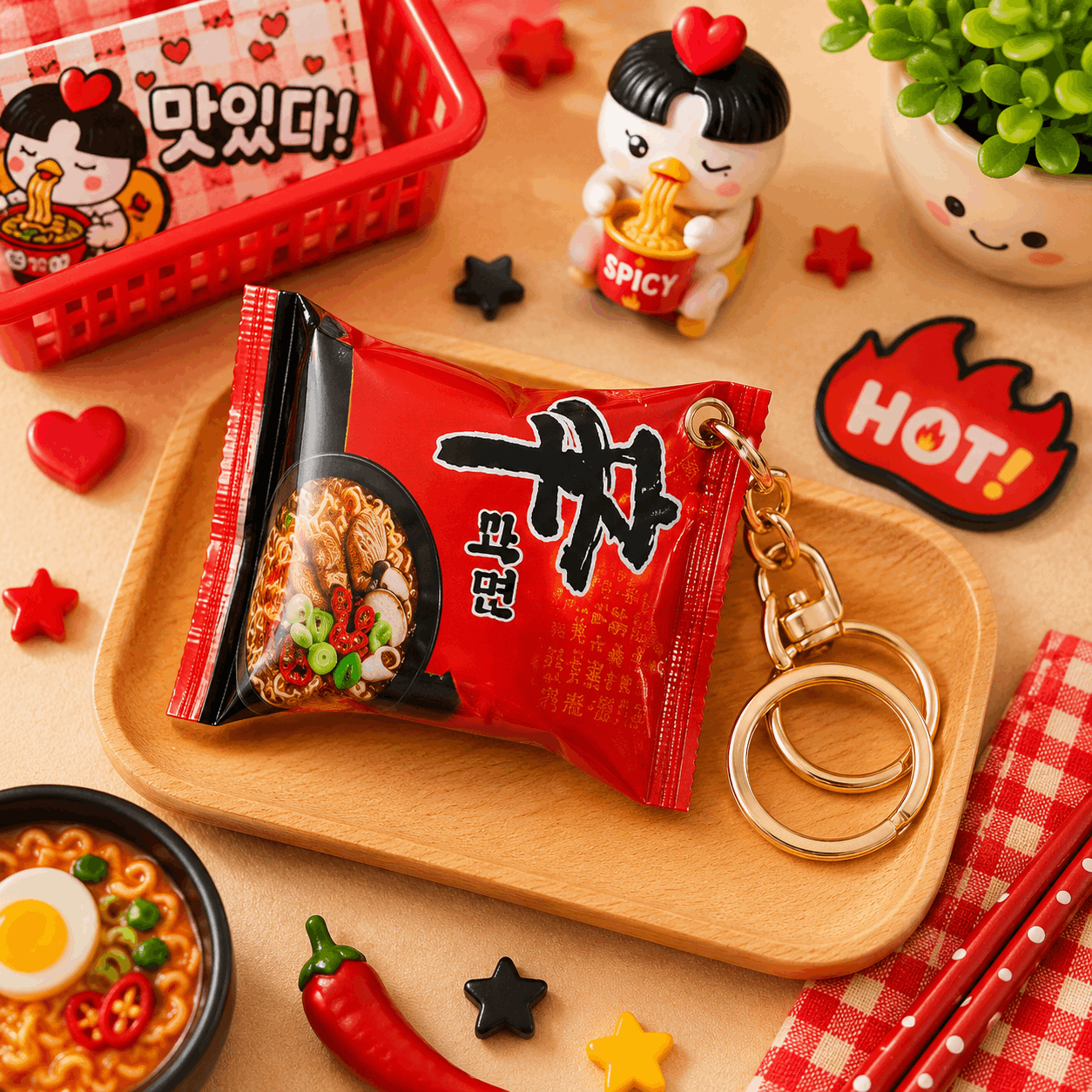 Red instant noodles package with keychain on a wooden tray, surrounded by decorative items.