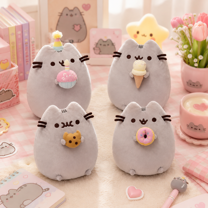 Four plush toys resembling a cat with various treats on a decorative background