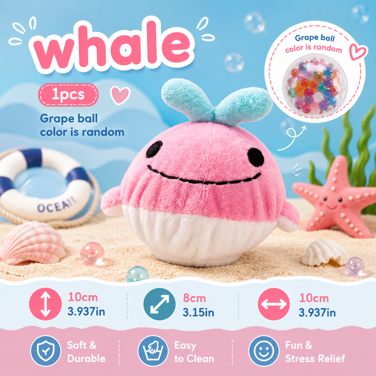 Plush whale toy with colorful grape balls on a beach-themed background