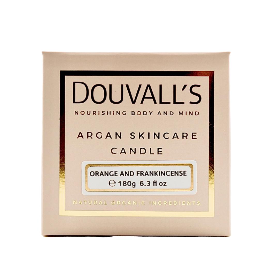 Douvall's argan skincare candle packaging on a white background