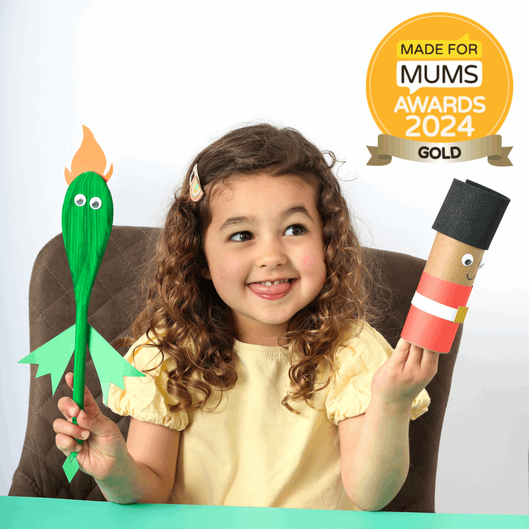 Child holding craft items with 'Made for Mums Awards 2024 Gold' badge