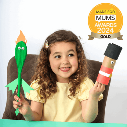 Child holding craft items with 'Made for Mums Awards 2024 Gold' badge