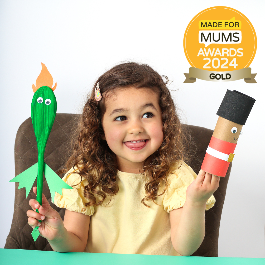 Child holding craft items with 'Made for Mums Awards 2024 Gold' badge