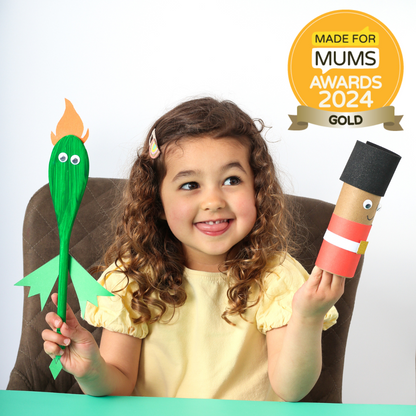 Child holding craft items with 'Made for Mums Awards 2024 Gold' badge