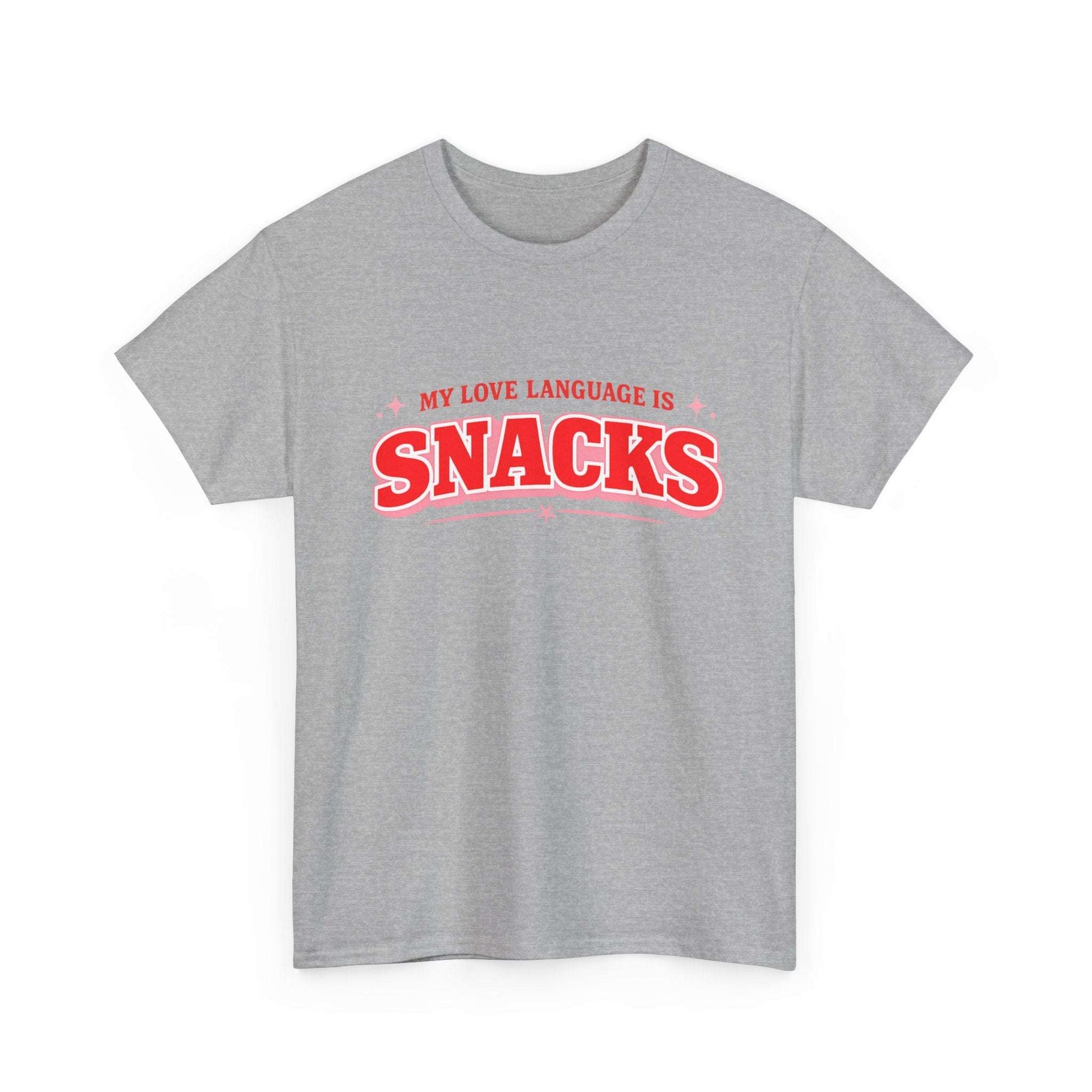 A heather gray short-sleeve crewneck t-shirt featuring a red graphic print on the chest that reads 'MY LOVE LANGUAGE IS SNACKS' with small pink star accents, displayed on a clean white background.
