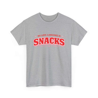 A heather gray short-sleeve crewneck t-shirt featuring a red graphic print on the chest that reads 'MY LOVE LANGUAGE IS SNACKS' with small pink star accents, displayed on a clean white background.