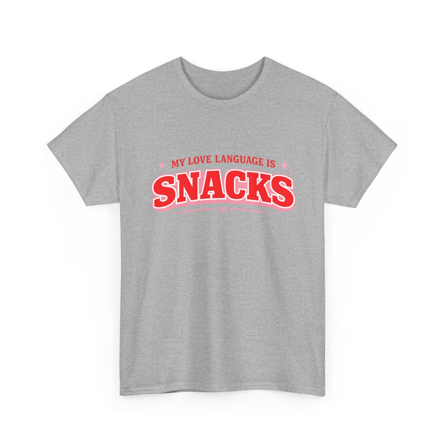 A heather gray short-sleeve crewneck t-shirt featuring a red graphic print on the chest that reads 'MY LOVE LANGUAGE IS SNACKS' with small pink star accents, displayed on a clean white background.
