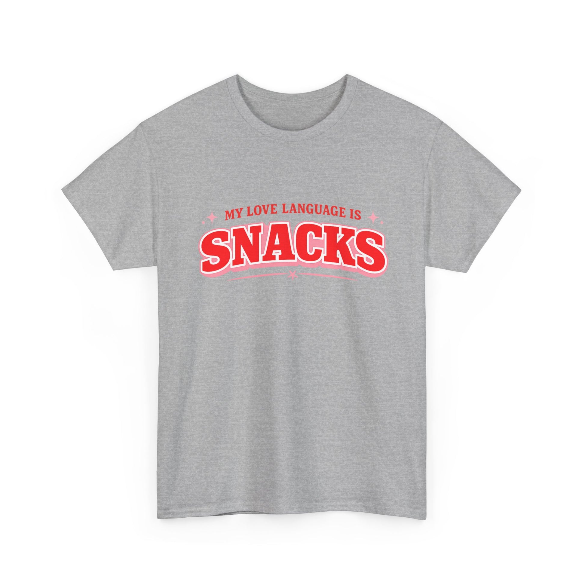A heather gray short-sleeve crewneck t-shirt featuring a red graphic print on the chest that reads 'MY LOVE LANGUAGE IS SNACKS' with small pink star accents, displayed on a clean white background.