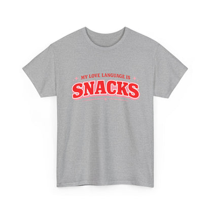 A heather gray short-sleeve crewneck t-shirt featuring a red graphic print on the chest that reads 'MY LOVE LANGUAGE IS SNACKS' with small pink star accents, displayed on a clean white background.