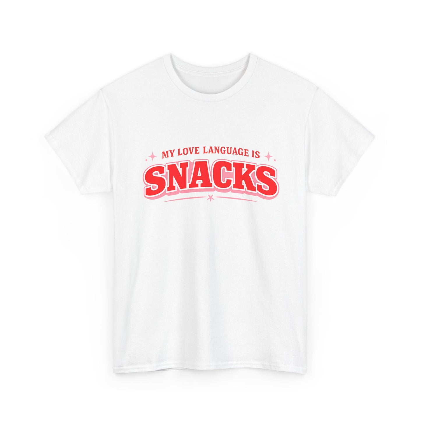 A white short-sleeve crewneck t-shirt featuring a red graphic print on the chest that reads 'MY LOVE LANGUAGE IS SNACKS' in a retro arched font with small star accents.