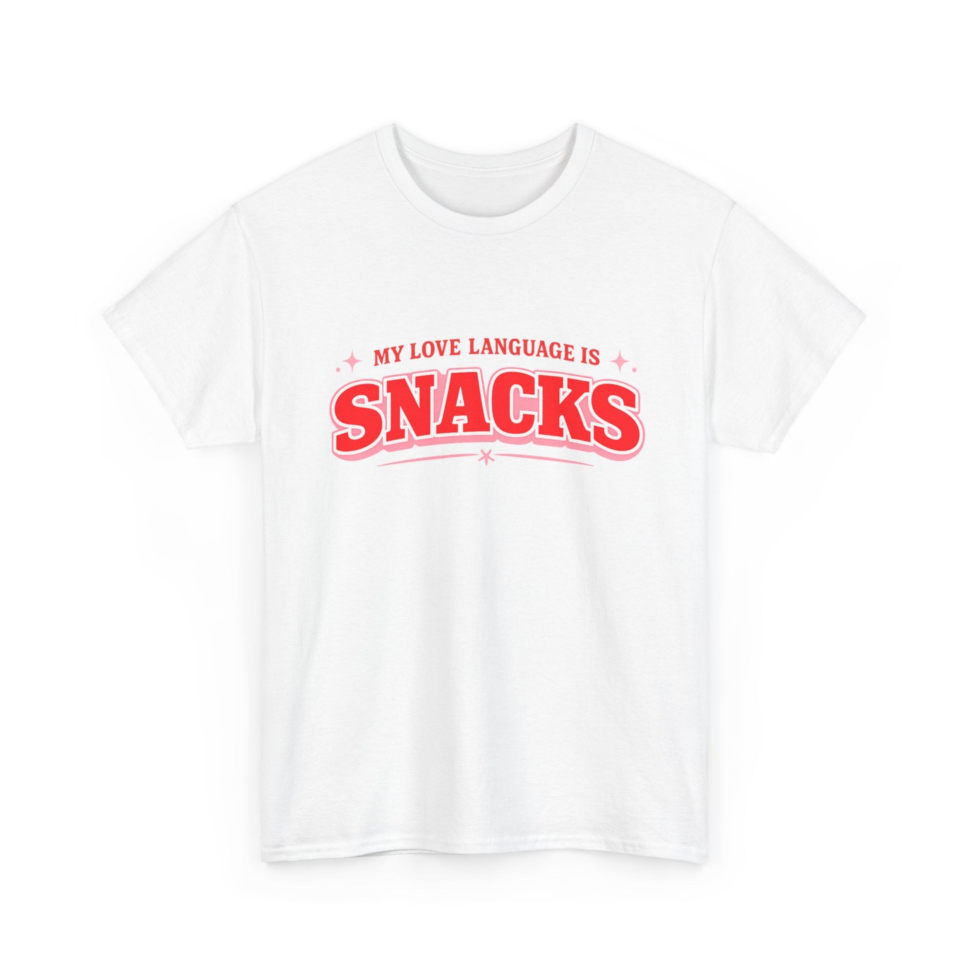 A white short-sleeve crewneck t-shirt featuring a red graphic print on the chest that reads 'MY LOVE LANGUAGE IS SNACKS' in a retro arched font with small star accents.