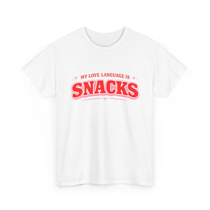 A white short-sleeve crewneck t-shirt featuring a red graphic print on the chest that reads 'MY LOVE LANGUAGE IS SNACKS' in a retro arched font with small star accents.