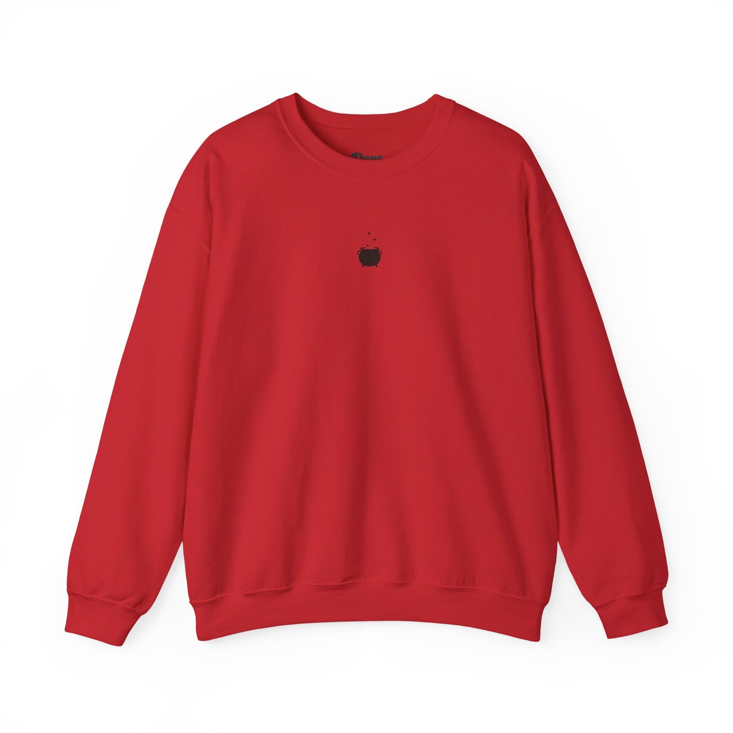 Red sweatshirt with blue text on a white background
