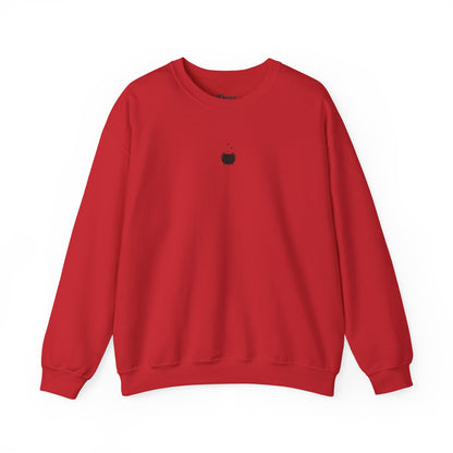 Red sweatshirt with blue text on a white background