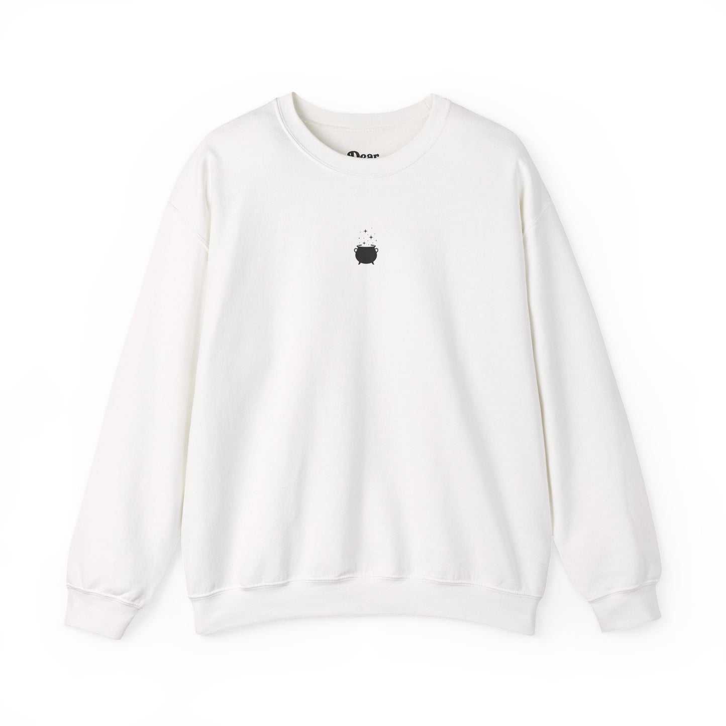 White sweatshirt with text on a white background