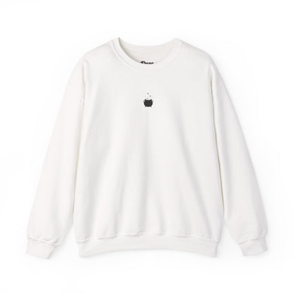 White sweatshirt with text on a white background
