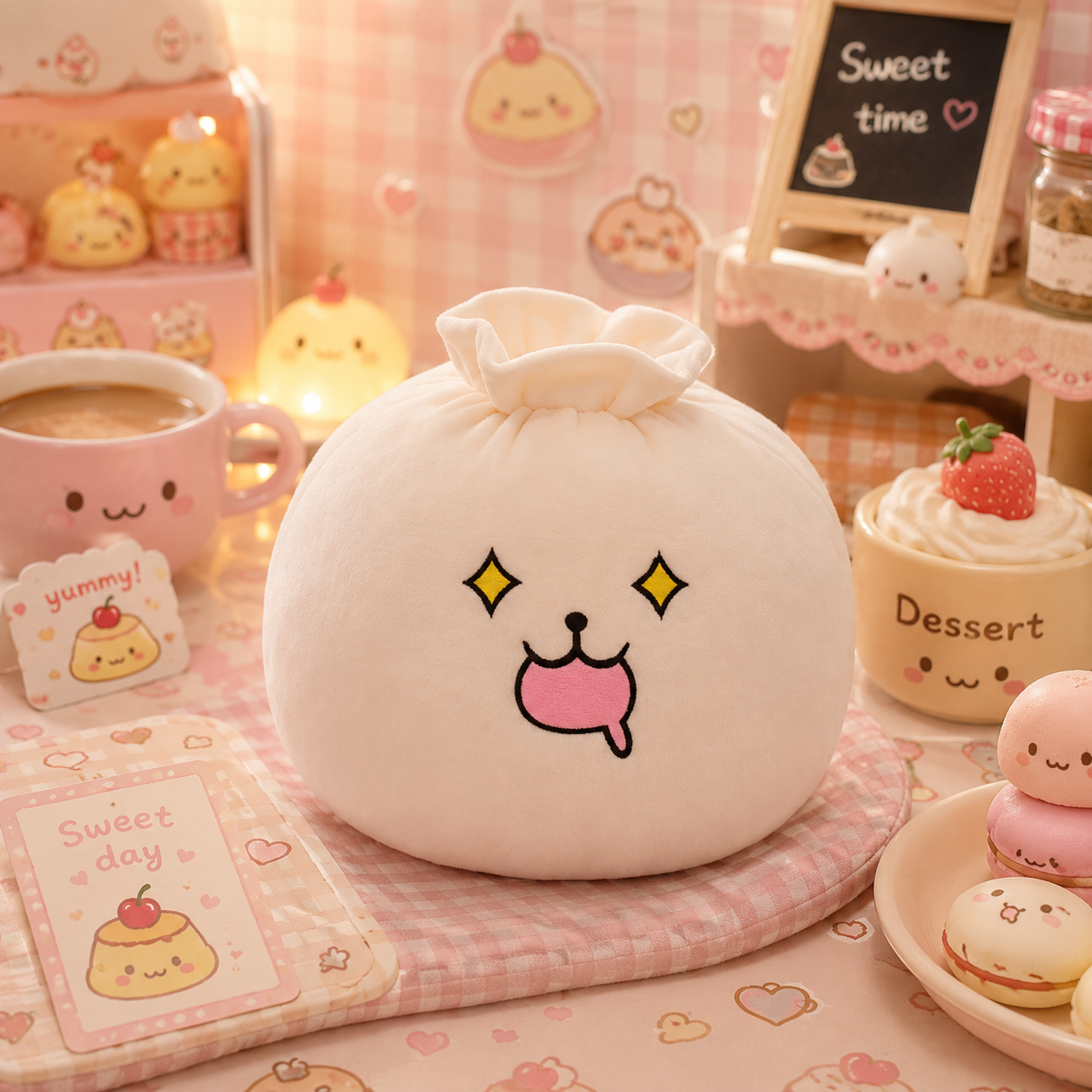 Cute plush bag with cartoon face on a pink-themed table with pastries and coffee.