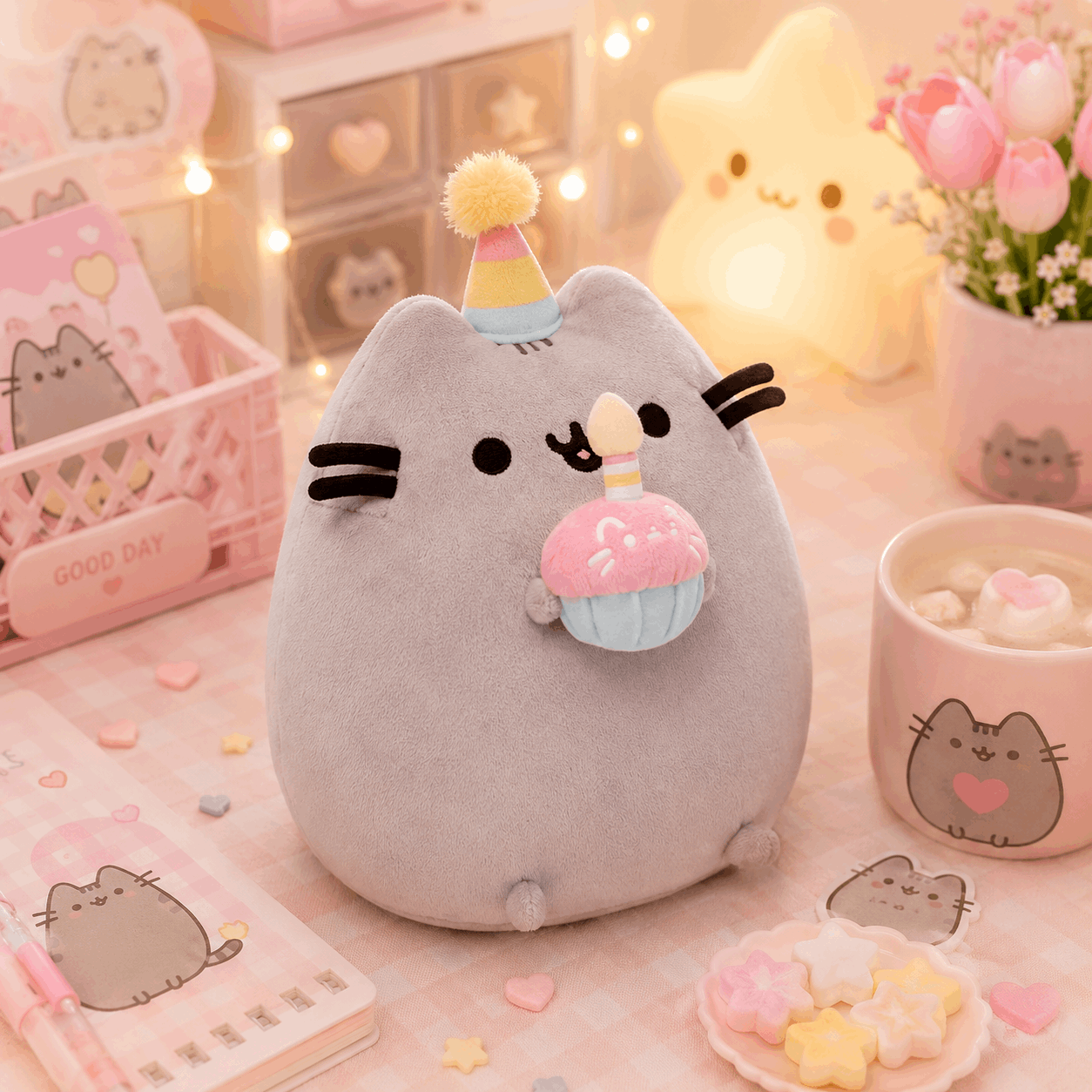 Plush toy resembling a cat with party hat and cake decoration on a pink-themed background