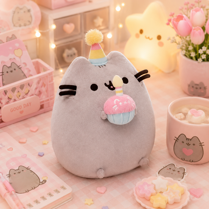 Plush toy resembling a cat with party hat and cake decoration on a pink-themed background