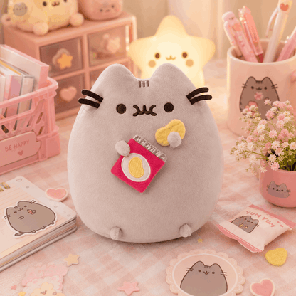 Plush toy resembling a cat with a camera, surrounded by stationery and decor items on a pink surface.