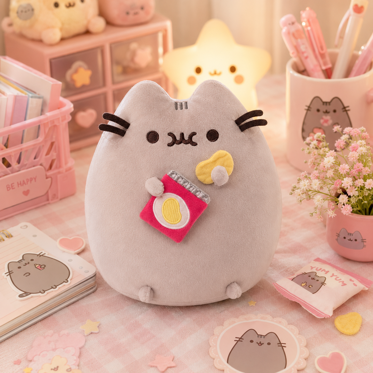 Plush toy resembling a cat with a camera, surrounded by stationery and decor items on a pink surface.