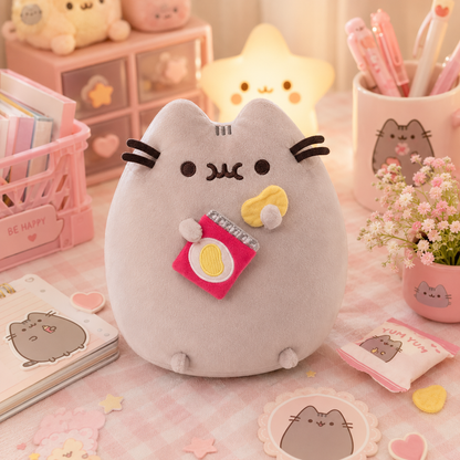 Plush toy resembling a cat with a camera, surrounded by stationery and decor items on a pink surface.