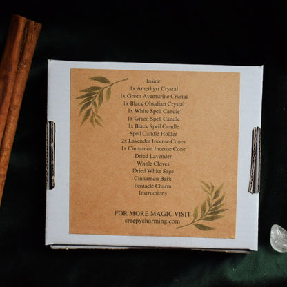 Box with spell components and instructions on a dark background