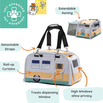 Pet carrier with features highlighted on a white background