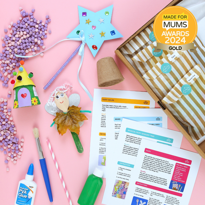 Crafting materials and children's activities on a pink background with a gold award badge.