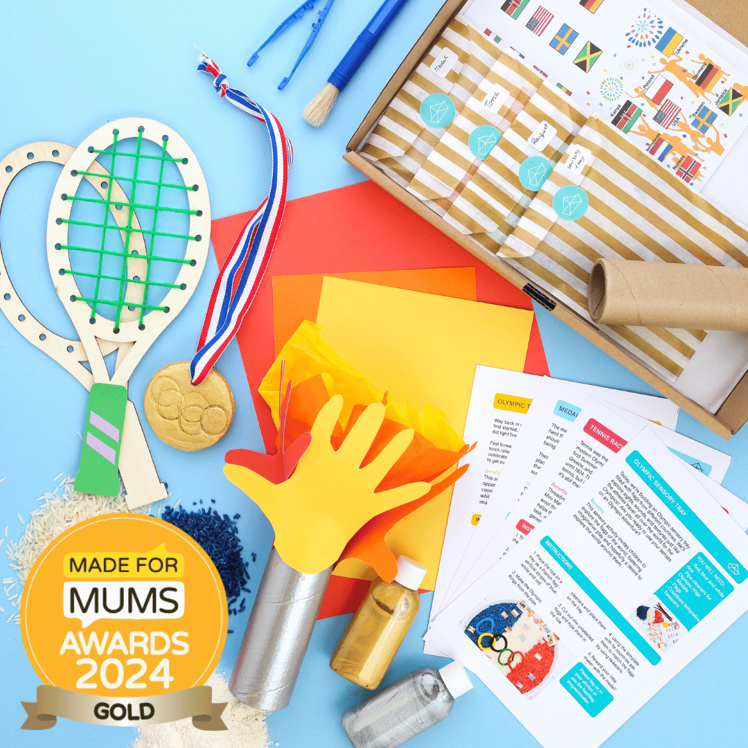 Craft materials and tools on a blue background with 'Made for Mums Awards 2024 Gold' badge.