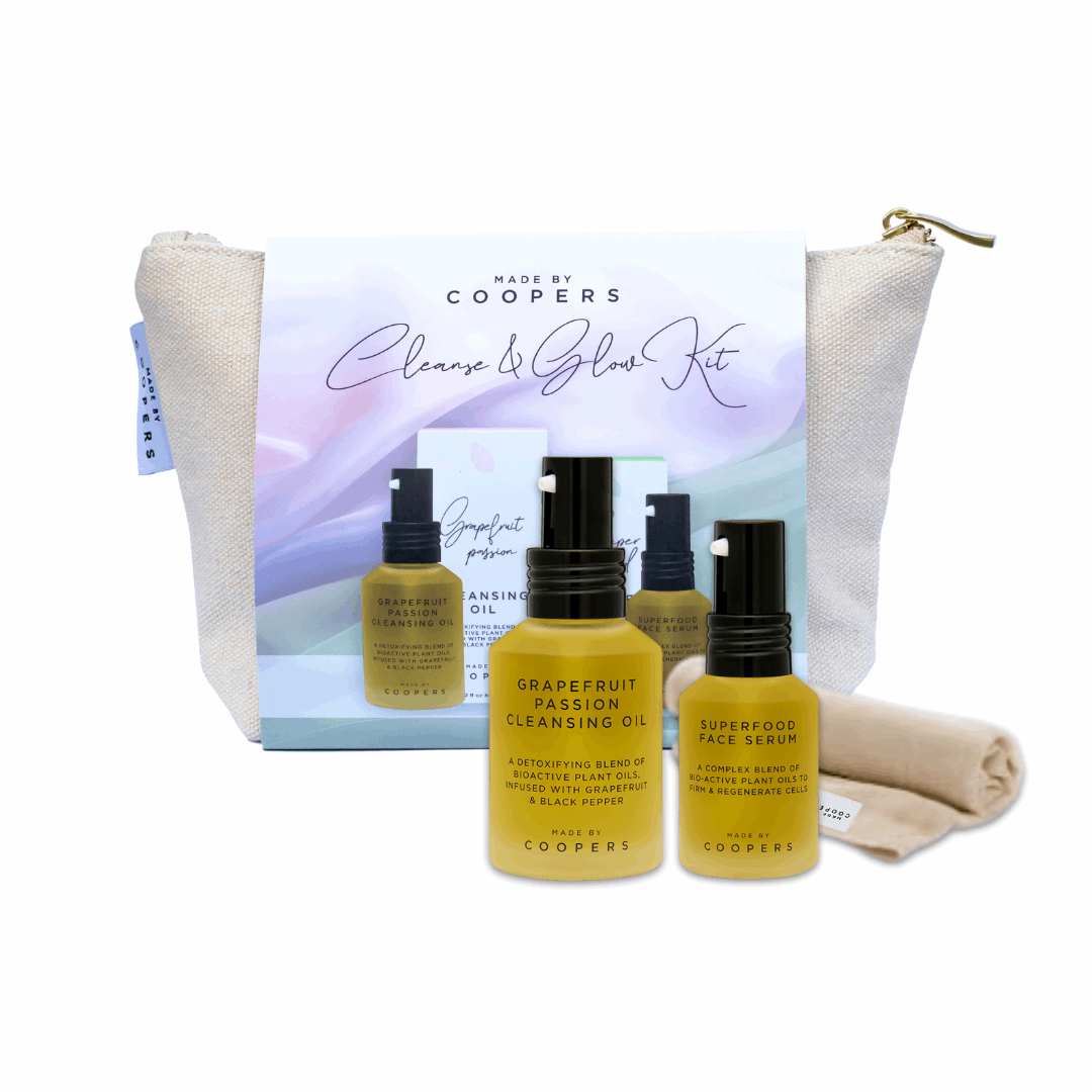 Coopers skincare product set with bottles and packaging on a white background