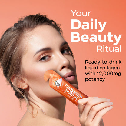Woman holding a Benjamin Button liquid collagen stick with text about daily beauty ritual on a peach background