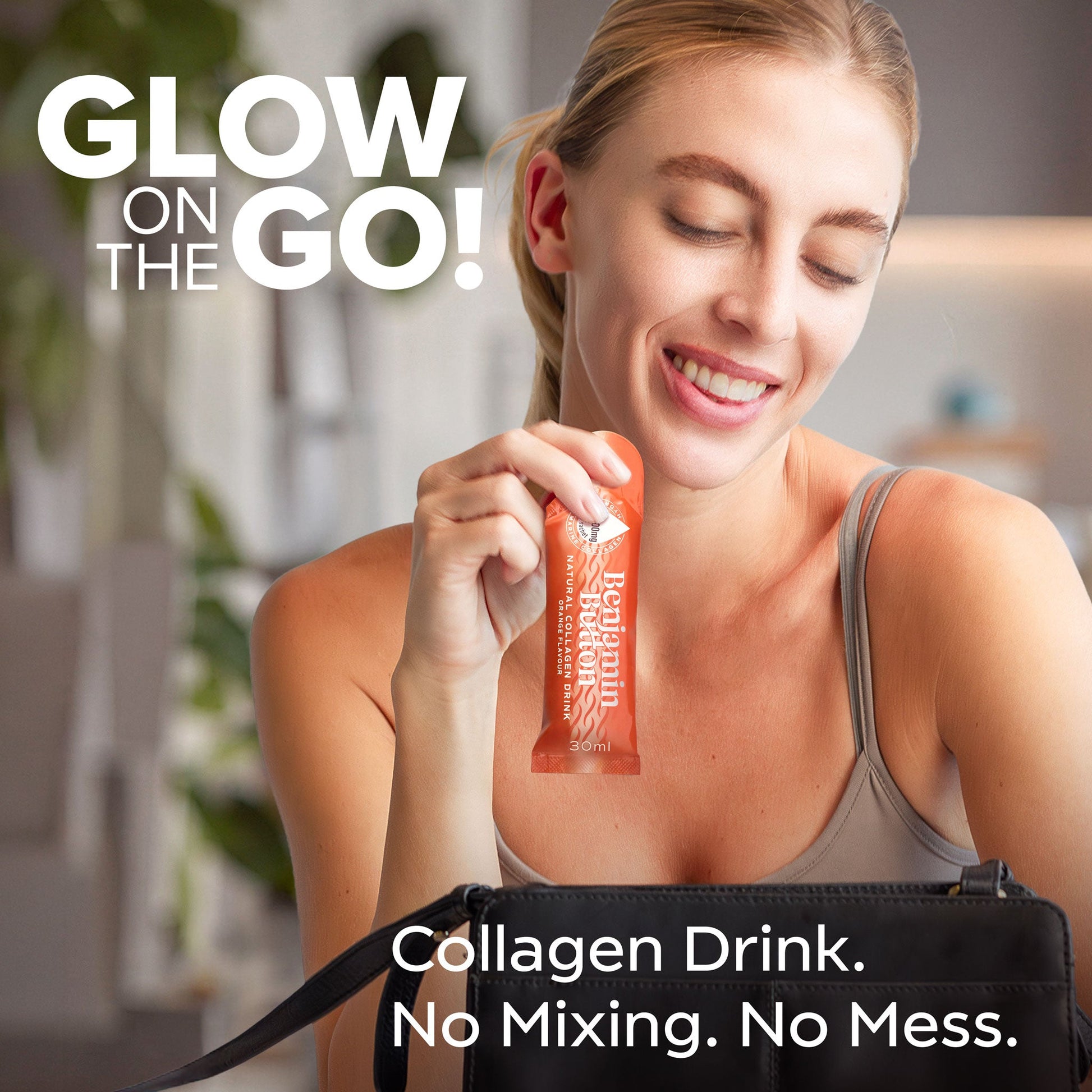 Woman holding a collagen drink package with text 'Glow on the Go! Collagen Drink. No Mixing. No Mess.'