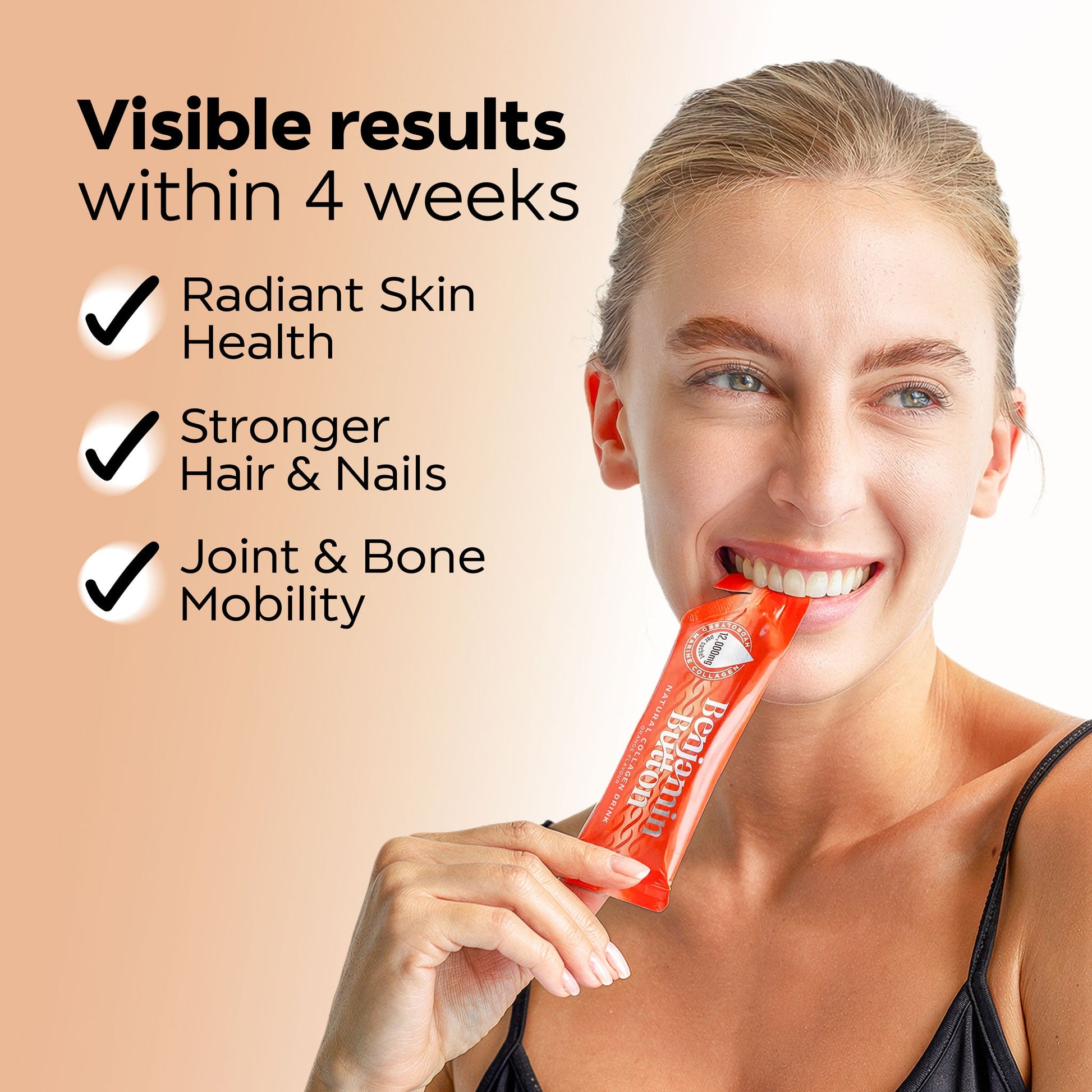 Woman holding a supplement stick with visible results text on a beige background