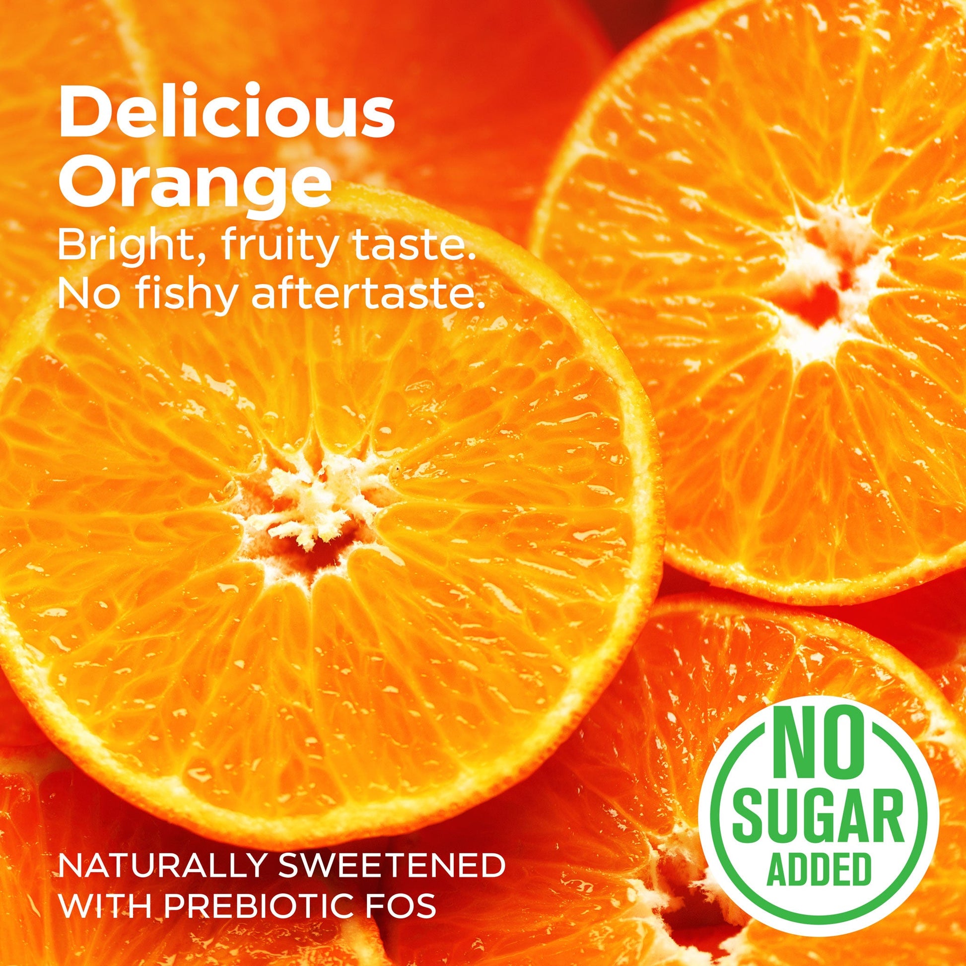 Sliced oranges with a 'No Sugar Added' label on a bright orange background.