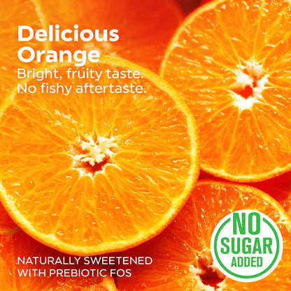 Sliced oranges with a 'No Sugar Added' label on a bright orange background.