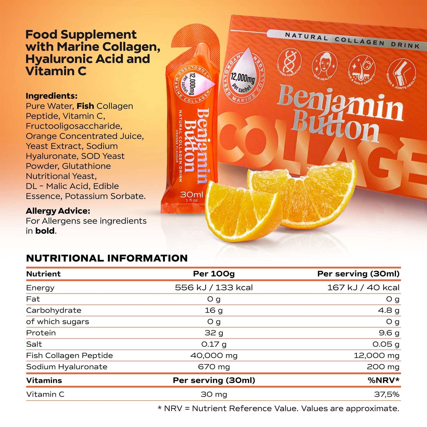 Benjamin Button Collagen drink packaging with nutritional information and ingredients listed.