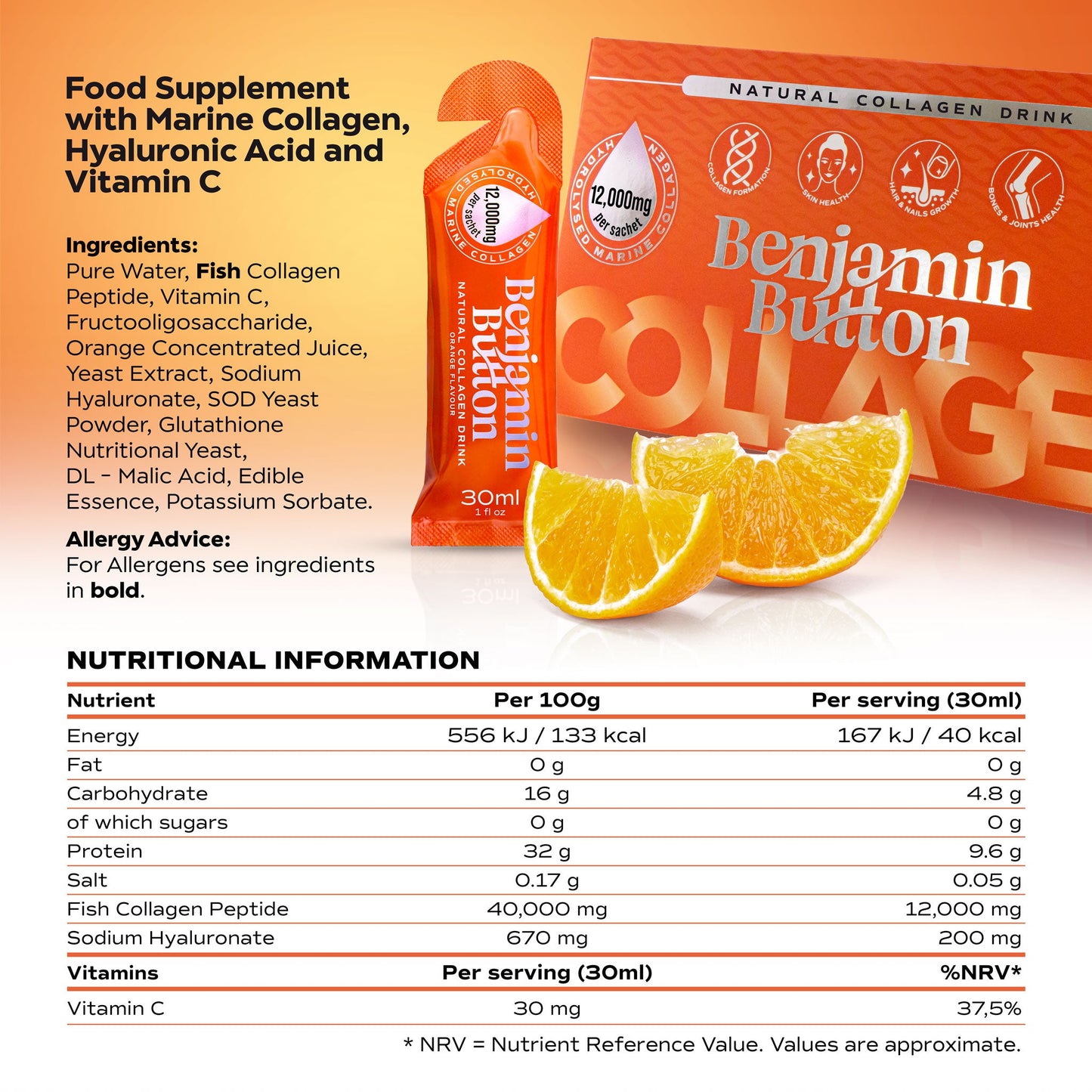 Benjamin Button Collagen drink packaging with nutritional information and ingredients listed.