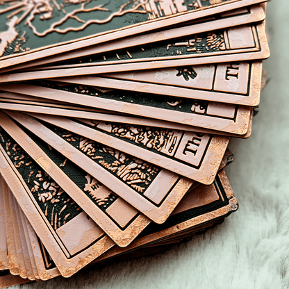 Stack of intricately designed cards on a textured surface