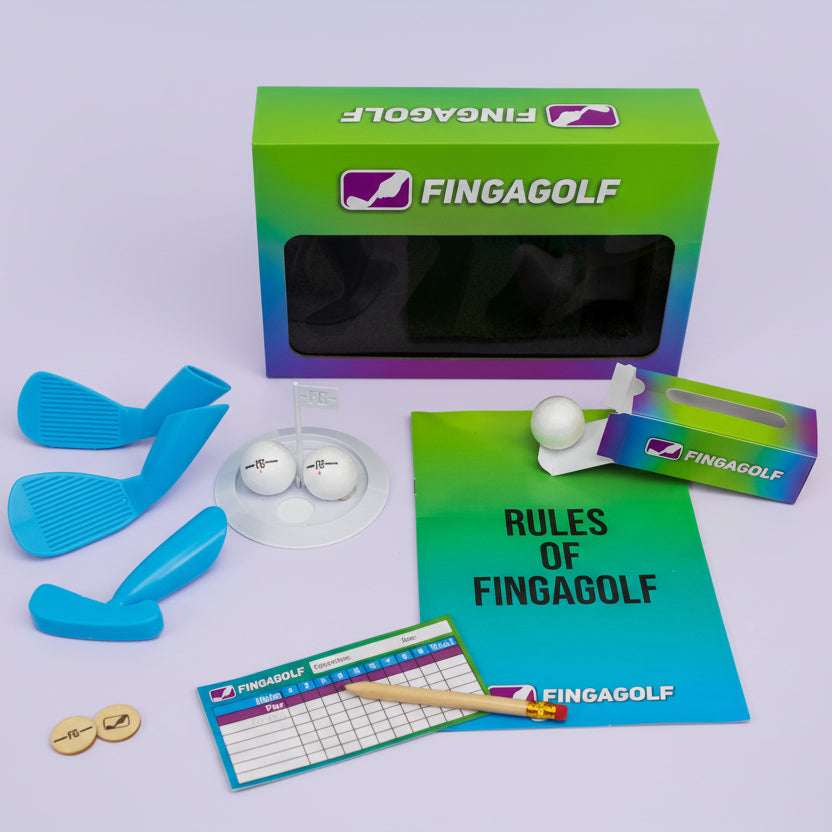 Fingagolf set with green box, blue clubs, balls, and rules book on a white background