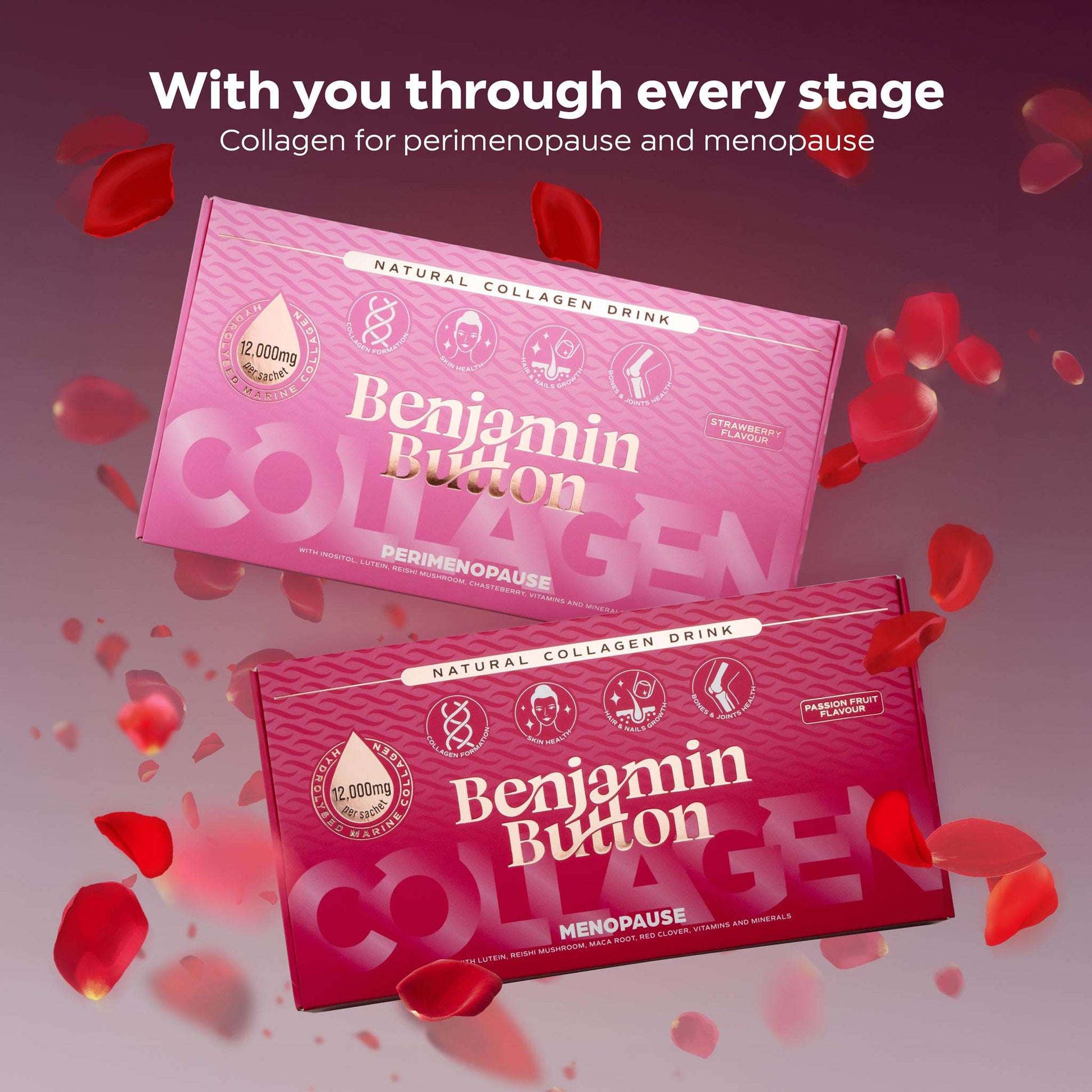 Two boxes of Benjamin Button Collagen with red flower petals on a gradient background