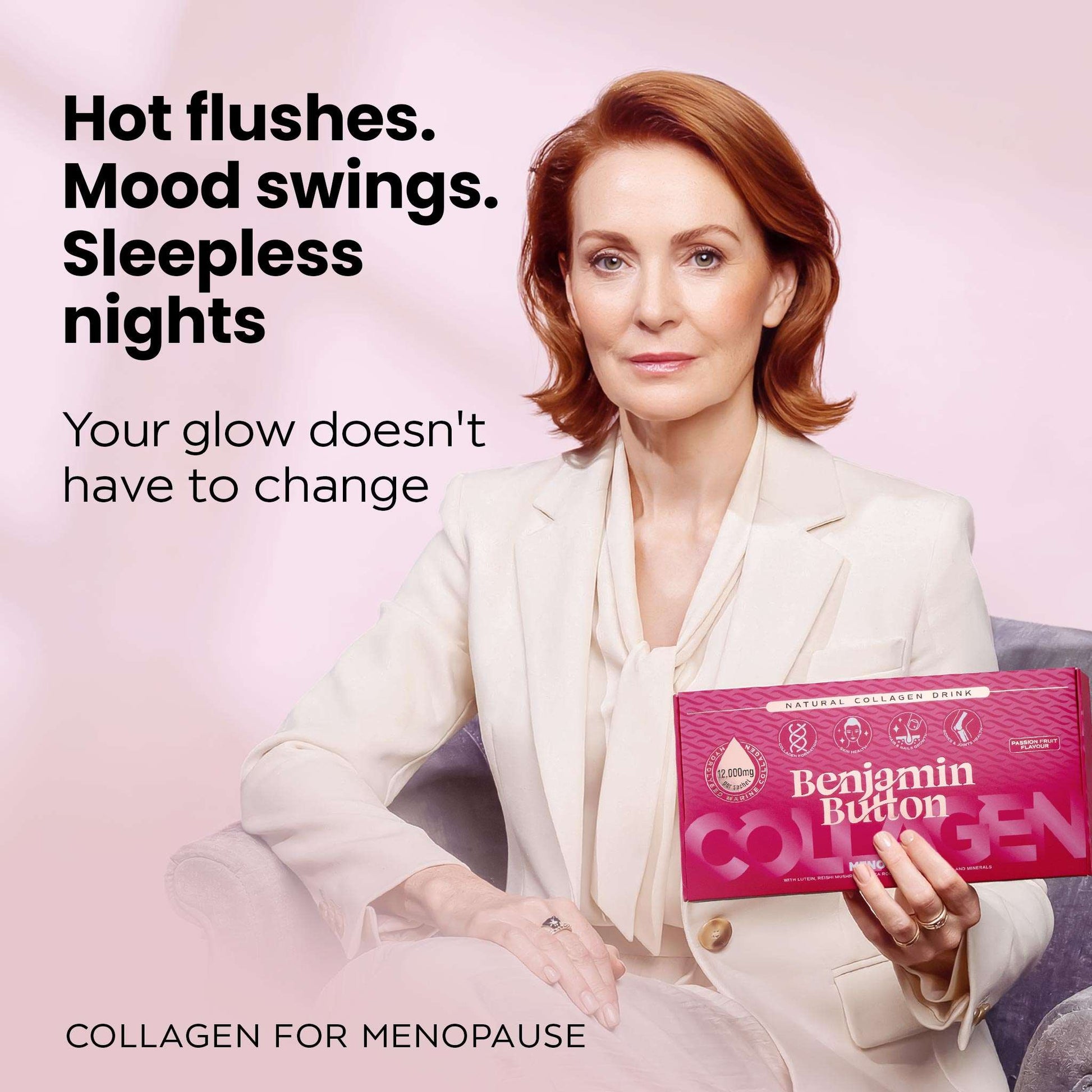 Woman holding a box of Benjamin Button Collagen with text about menopause symptoms on a pink background