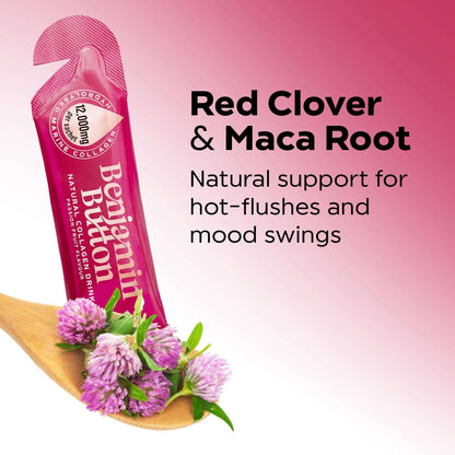 Benjamin Collagen Peptide Plus supplement with red clover and maca root on a pink background